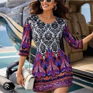 SizeM Papillon Blanc Dres Bohemian Print Peasant Mini Dress in Purple and Black